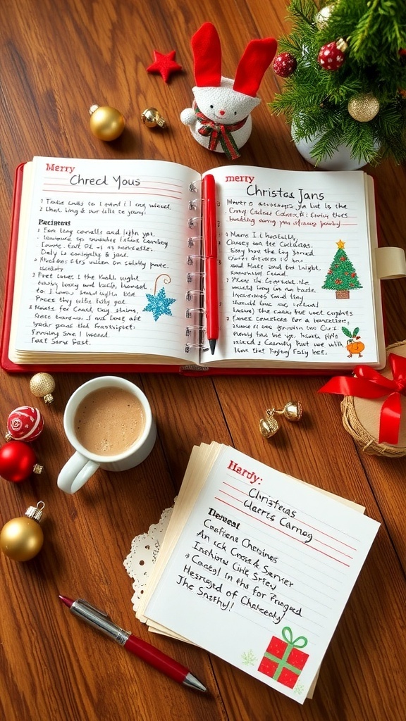 A Christmas Cards Journal with colorful pages and festive decorations on a wooden table.